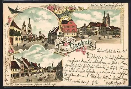 Lithographie Oschatz, Kirche, Altosehatzerstrasse, Altmarkt