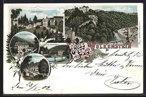 Lithographie Wolkenstein, Gasthaus Waldmühle, Hüttenmühle, Warmbad