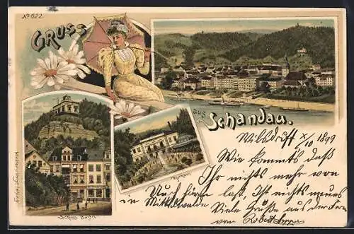 Lithographie Schandau, Kurhaus, Schloss Bastei, Uferpartie