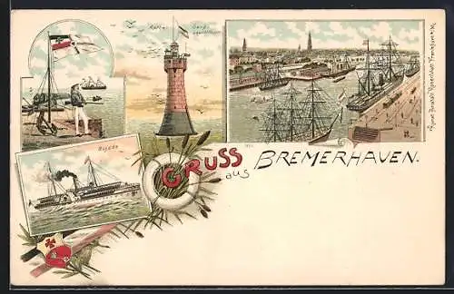 Lithographie Bremerhaven, Teilansicht, Sand-Leutturm, Najade