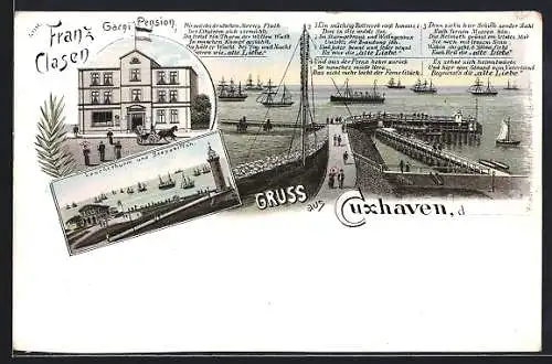 Lithographie Cuxhaven, Garni-Pension Franz Clasen, Leuchtthurm und Seepavillon, Hafen