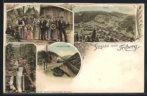 Lithographie Triberg, Kaisertunnel, Wasserfall, Ortsansicht, Männer u. Frauen in Hochzeitstracht, Eisenbahn