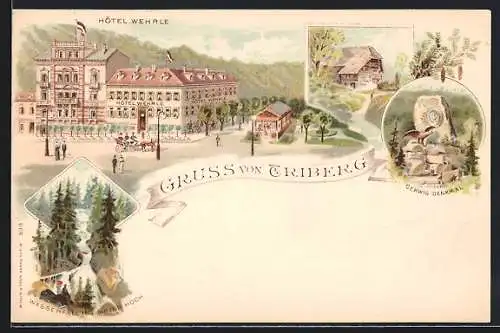 Lithographie Triberg, Hotel Wehrle, Gerwig-Denkmal, Wasserfall, Pferdekutsche