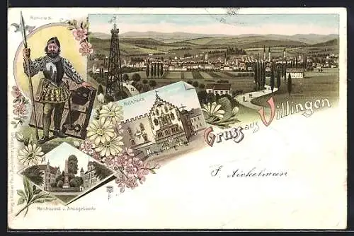 Lithographie Villingen / Schwarzwald, Rathaus, Kriegerdenkmal, Romeius, Ortsansicht