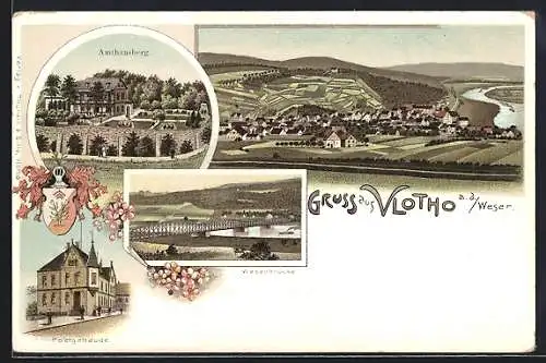 Lithographie Vlotho a. d. Weser, Ortspartie, Weserbrücke, Postgebäude, Bahnpoststempel