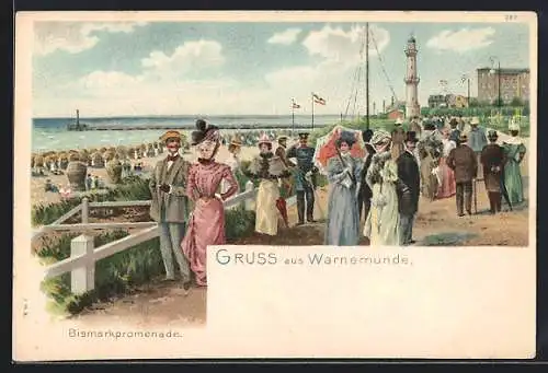 Lithographie Warnemünde, Bismarckpromenade mit Besuchern, Strandblick, Pier und Leuchtturm