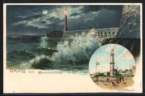 Lithographie Warnemünde, Signalfeuer am Spill bei Vollmond, Leuchtturm vom Strand gesehen