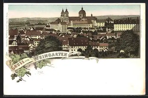 Lithographie Weingarten / Württ., Ortsansicht über die Dächer mit Bergen