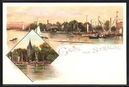 Lithographie Berlin-Stralau, Segelboote am Ufer mit Kirchturm