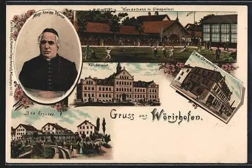 Lithographie Wörishofen, Pfarrer Kneipp, Kinderasyl, Wandelbahn mit Glaspalast, Bad Geromiller