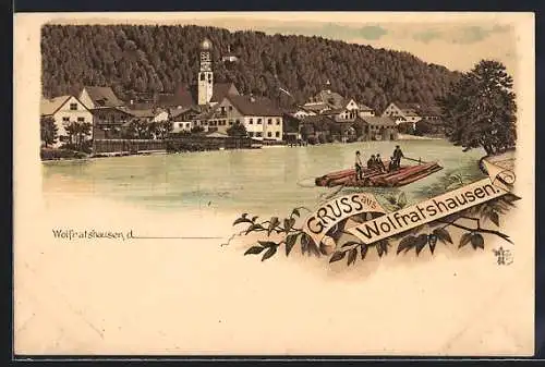 Lithographie Wolfratshausen, Panorama mit Flössern