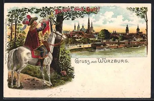 Lithographie Würzburg, Panorama und Trompeter