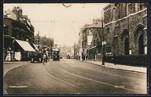 AK Harlesden, Strassenbahn und Geschäfte