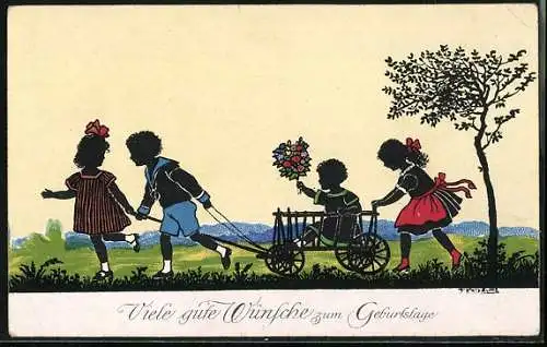 Künstler-AK Friedrich Kaskeline: Kinder mit Bollerwagen und Blumenstrauss, Schattenbild