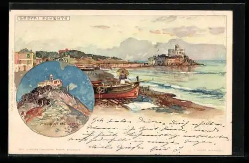 Künstler-Lithographie Manuel Wielandt: Sestri Ponente, Madonna del Gazzo, Ortsansicht