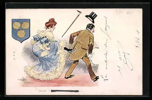 Künstler-AK Albert Guillaume: Devise Sans beurre n`y approche!, Dame gibt dem Herrn einen Tritt, Wappen