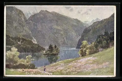 Künstler-AK Edward Theodore Compton: Königssee, Insel Christlieger