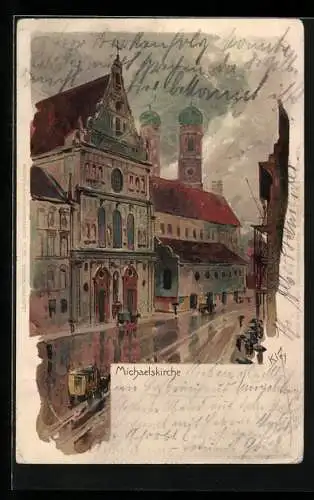 Künstler-AK Heinrich Kley: München, Michaeliskirche gegen Frauenkirche