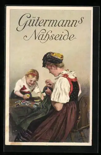 Künstler-AK Curt Liebich: Reklame für Gütermann's Nähseide, Blonde Mutter und Tochter beim Nähen der Kleider