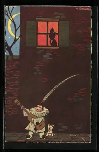 Künstler-AK Roberto Sgrilli: Harlekin musiziert im Mondschein unter einem Fenster
