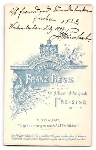 Fotografie Franz Ress, Freising, Portrait Student Bundesbruder Fischer, Weihenstephanzug 1899