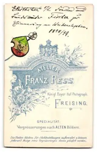 Fotografie Franz Ress, Freising, Portrait Student Bundesbruder, Erinnerung an den Weihenstephanzug 1899