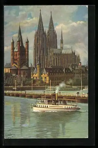 Künstler-AK H. Hoffmann: Köln, Blick vom Rhein nach dem Dom, Dampfer