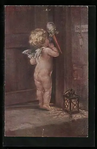 Künstler-AK K. Barth: Amor flüstert mit dem Storch