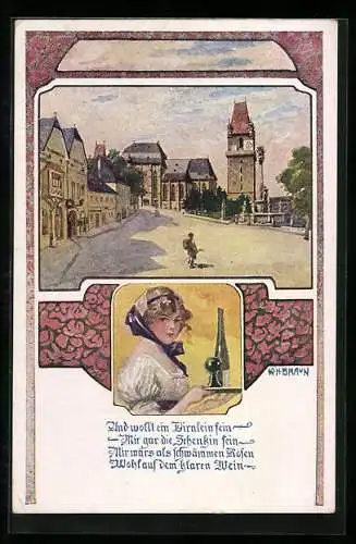 Künstler-AK W.Braun: Perchtoldsdorf, Marktplatz, Frau mit Tablett, auf dem Kelch und Flasche stehen