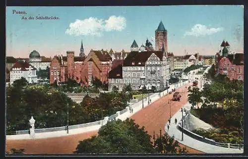 AK Posen / Poznan, An der Schlossbrücke, Strassenbahn