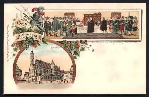 Lithographie Rothenburg / Tauber, Rathaus, Der Meistertrunk im Rothenburger Rathaussaale