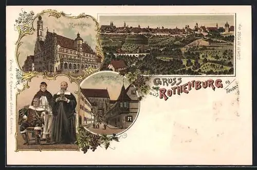 Lithographie Rothenburg / Tauber, Klinggasse, Rathaus, Panorama