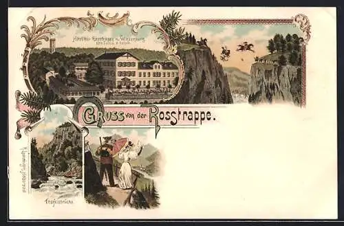 Lithographie Thale, Hotel zur Rosstrappe, Winzenburg, Teufelsbrücke, Wanderer und seine Frau, stürzender Reiter