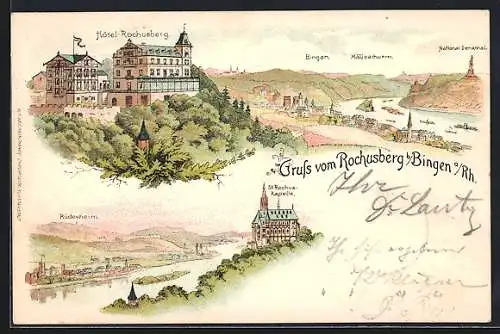 Lithographie Bingen /Rhein, Hotel- Rochusberg, Rüdesheim, Panorama