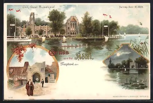 Lithographie Berlin-Treptow, Abtei, Gust. Busekow, Ansicht vom Wasser und beim Mondenschein, Hofansicht