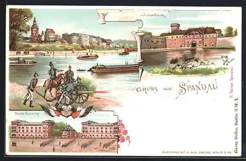 Lithographie Berlin-Spandau, Juliusthurm, Neue Kaserne, Panorama mit Havel