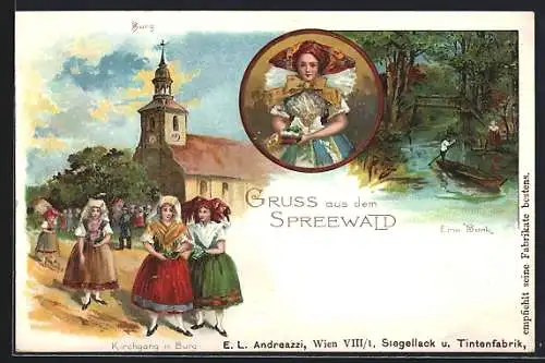 Lithographie Burg /Spreewald, Frauen beim Kirchgang, Eine Bank