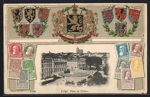 Passepartout-Lithographie Liége, Wappen der Union Fait La Force, Wappen von Liege, Briefmarken, Place du Théâtre