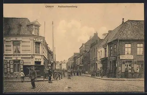 AK Carvin, Strassenpartie mit Feldbuchhandlung