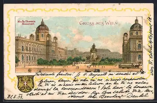 Lithographie Wien, Pferdebahn vor dem Maria Theresia-Monument, Wappen, Pferdekutsche