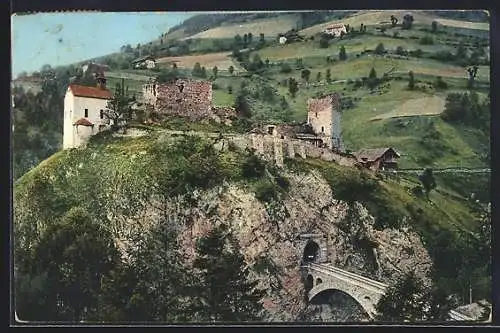 AK Oberfalkenstein, Ansicht der Ruine mit Gratschacher-Viadukt