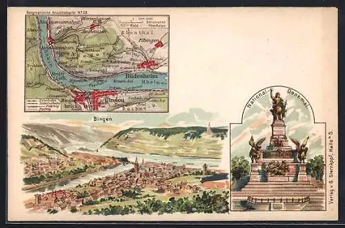 Lithographie Bingen / Rhein, Ortsansicht, National-Denkmal, Landkarte mit Rüdesheim, Rhein u. Eibingen