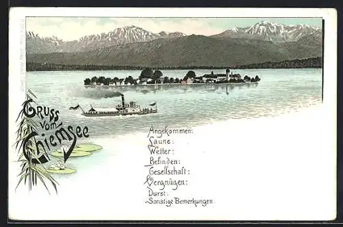 Lithographie Chiemsee, Insel und Dampfer im Chiemsee