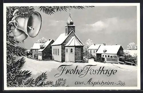 AK Aspisheim, Häuserpartie mit Kirche im Winter