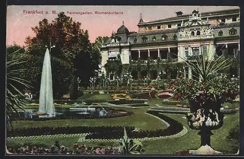 AK Frankfurt-Westend, Palmengarten und Blumenparterre mit Fontäne