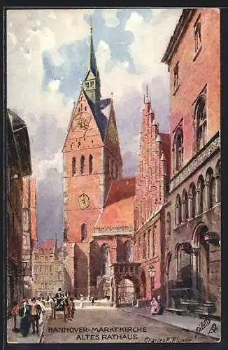 Künstler-AK Charles F. Flower: Hannover, Strassenpartie mit Marktkirche und Altem Rathaus