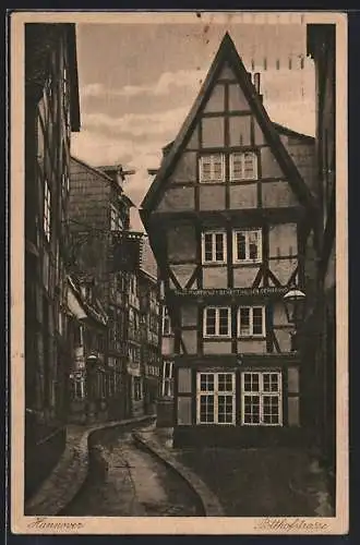 AK Hannover, Potthofstrasse mit Fachwerkhäusern und Wimpel