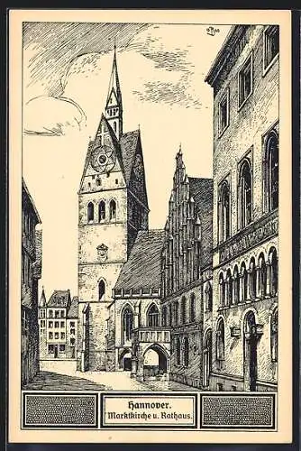 Künstler-AK Hannover, Marktkirche und Rathaus