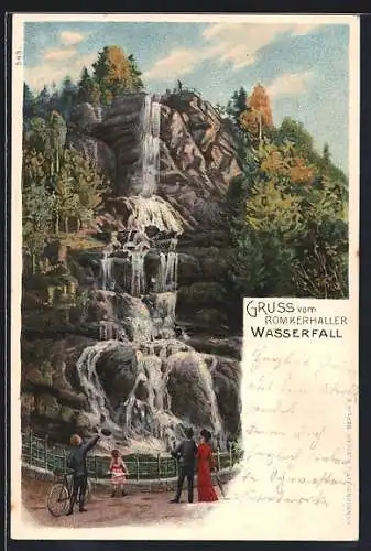 Lithographie Romkerhaller Wasserfall, Partie mit Besuchern