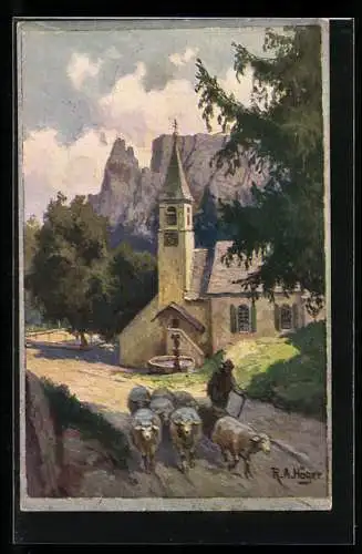 Künstler-AK Rudolf Alfred Höger: Collalbo sul Renon, Kirche mit Schafen